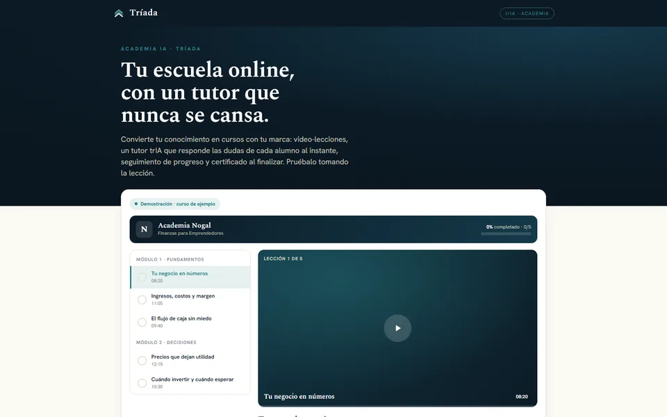 Demo de la Academia Online: video-lección con el tutor trIA respondiendo dudas al costado
