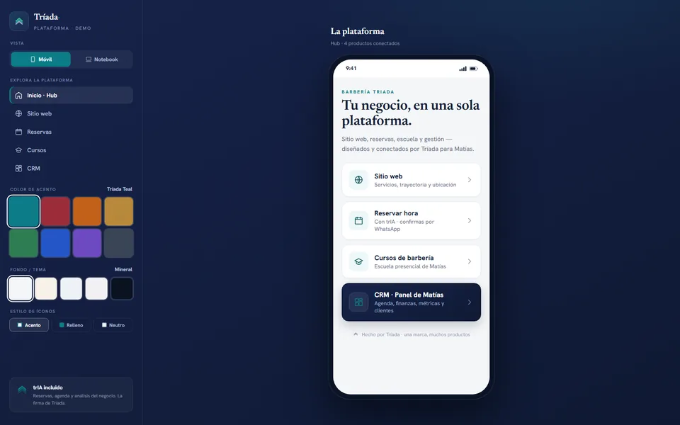 Sandbox de Barbería Triada: sitio de reservas con el riel para cambiar color, tema y dispositivo