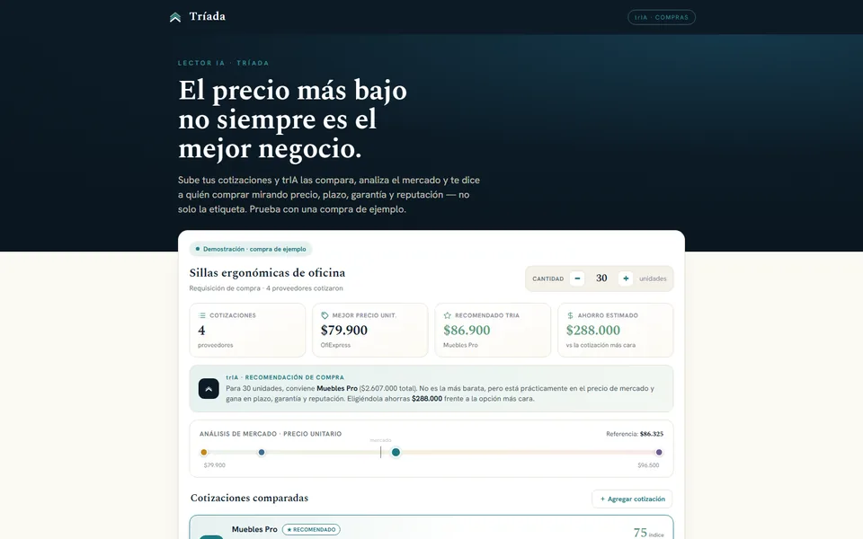 Demo de Gestión de Compras: cotizaciones comparadas lado a lado con el proveedor recomendado por trIA
