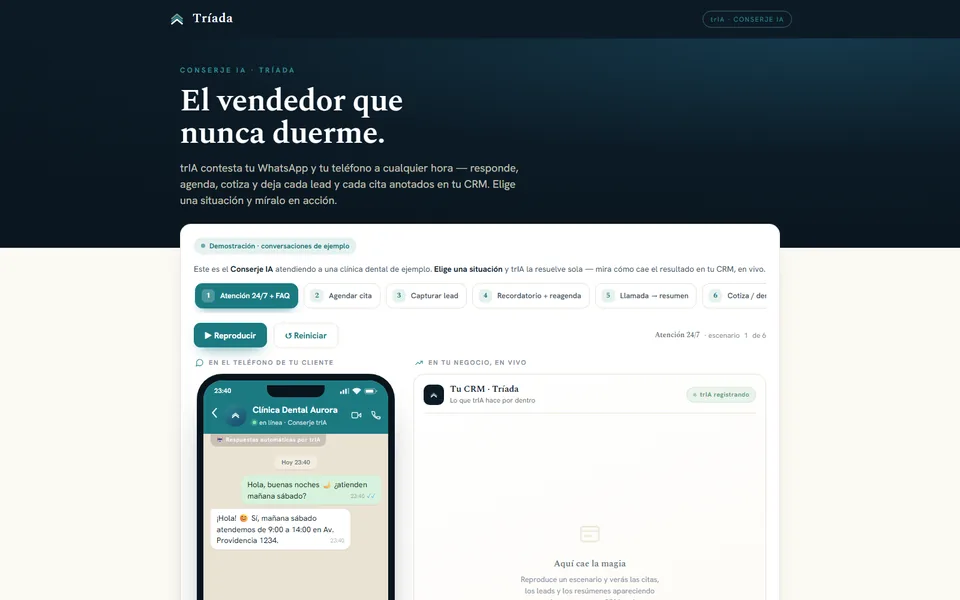 Demo del Conserje IA: chat de WhatsApp junto a un panel CRM que se llena en vivo