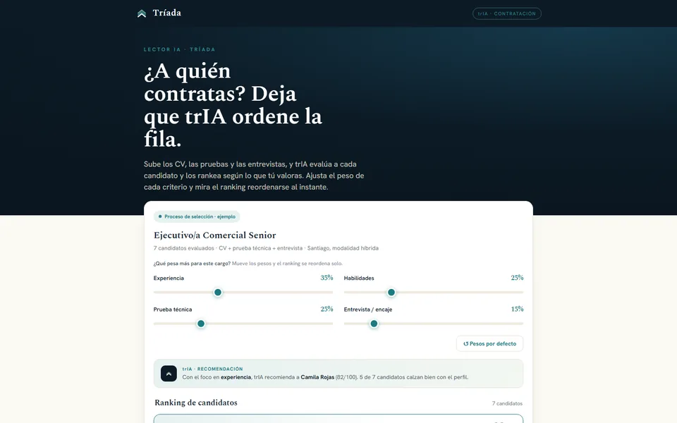 Demo de Contratación Inteligente: ranking de candidatos con criterios ajustables y ficha por persona