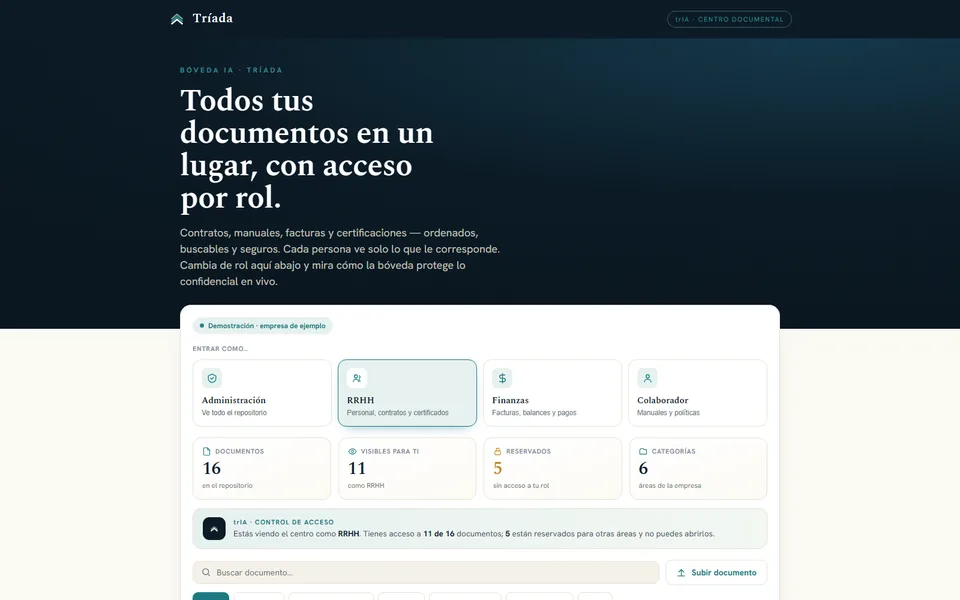 Demo del Centro Documental: bóveda de documentos con selector de rol y categorías con permisos