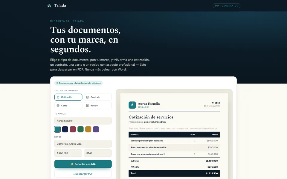 Demo del Generador de Documentos: cotización con marca propia editándose en vivo, lista para PDF