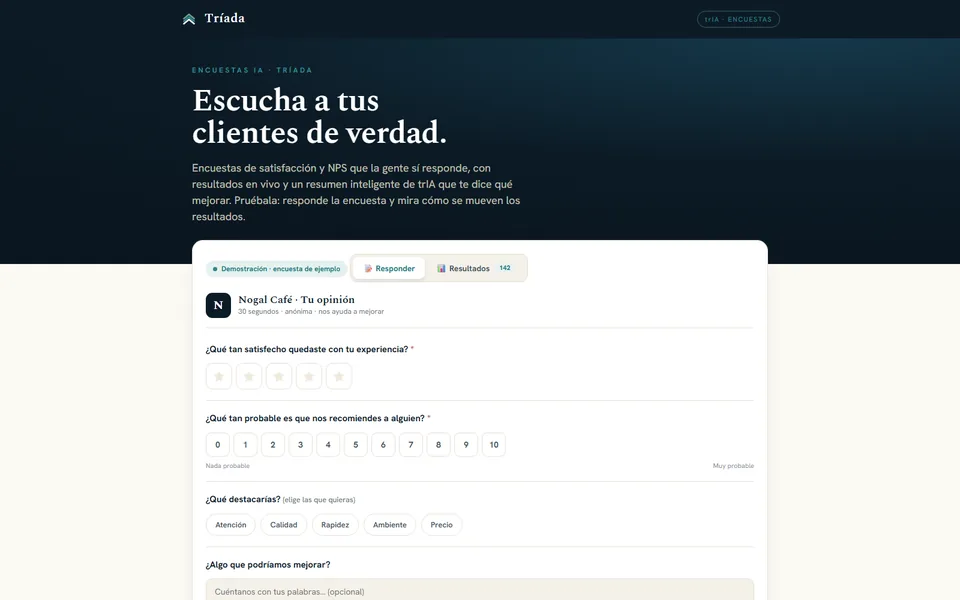 Demo de Encuestas: resultados de satisfacción y NPS en vivo con el resumen de trIA
