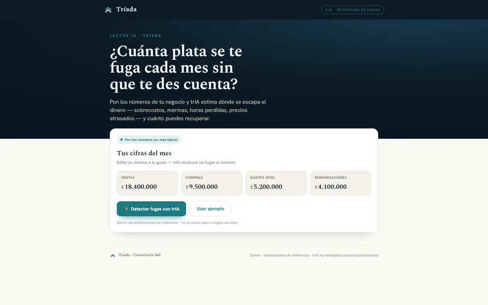 Demo de Detección de Fugas: panel con las fugas de dinero detectadas por trIA y su monto mensual