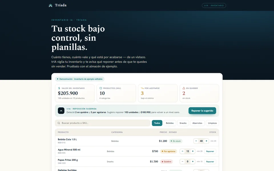 Demo del Control de Inventario: panel de stock con alertas de quiebre y reposición sugerida por trIA