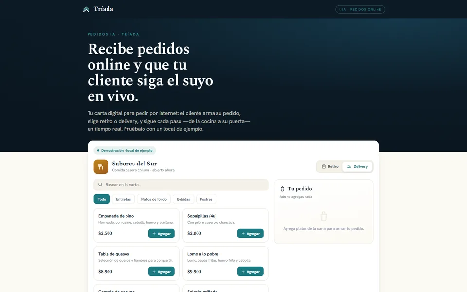 Demo de Pedidos Online: carta digital con carrito y línea de seguimiento del pedido en vivo