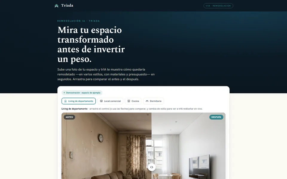 Demo del Simulador de Remodelación: comparador antes y después de un living en estilo fotorrealista
