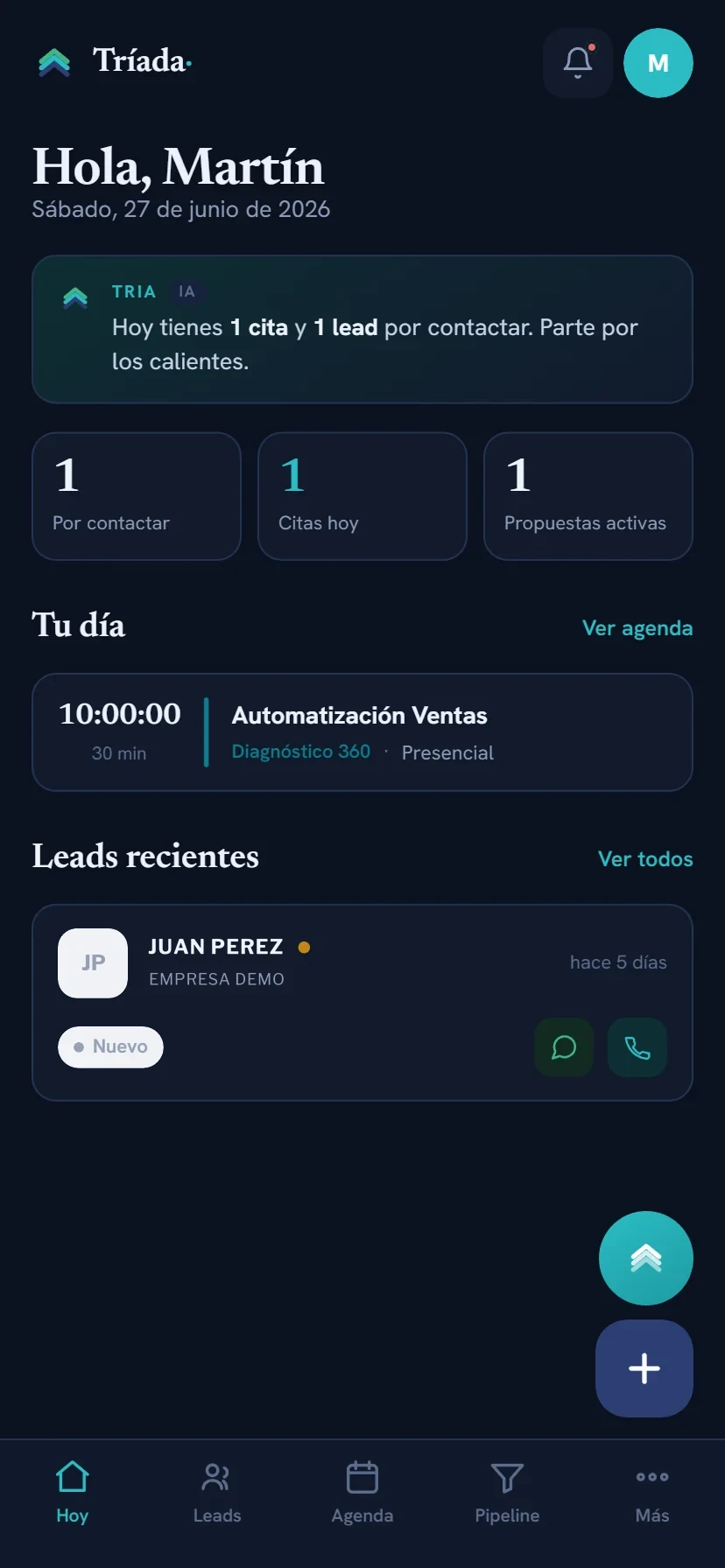 TRÍADA CRM en el móvil — pantalla Hoy